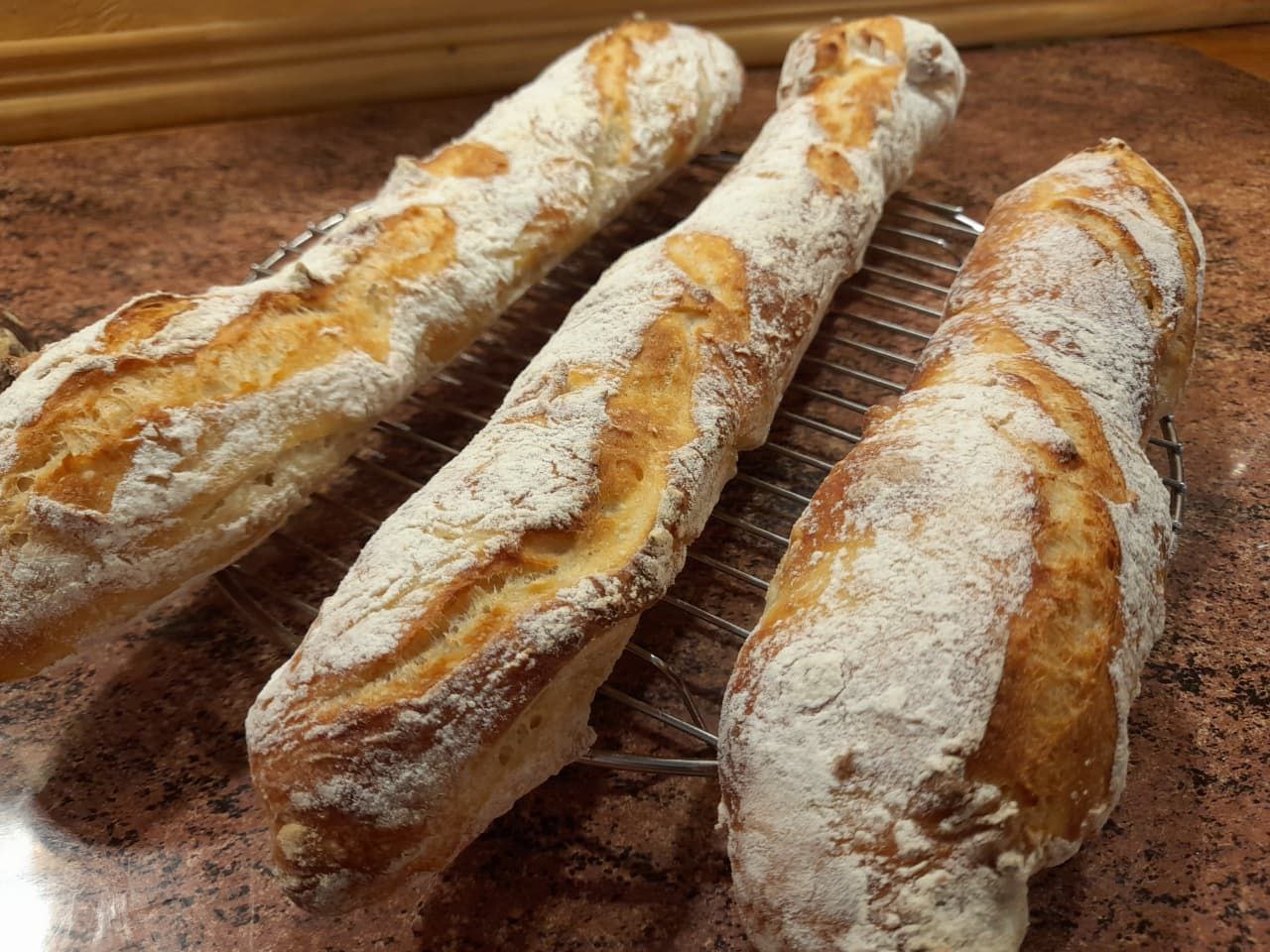 Drei frisch gebackene Baguettes auf einem Metallregal, knusprig und sehr lecker, ideal für jeden Genuss.